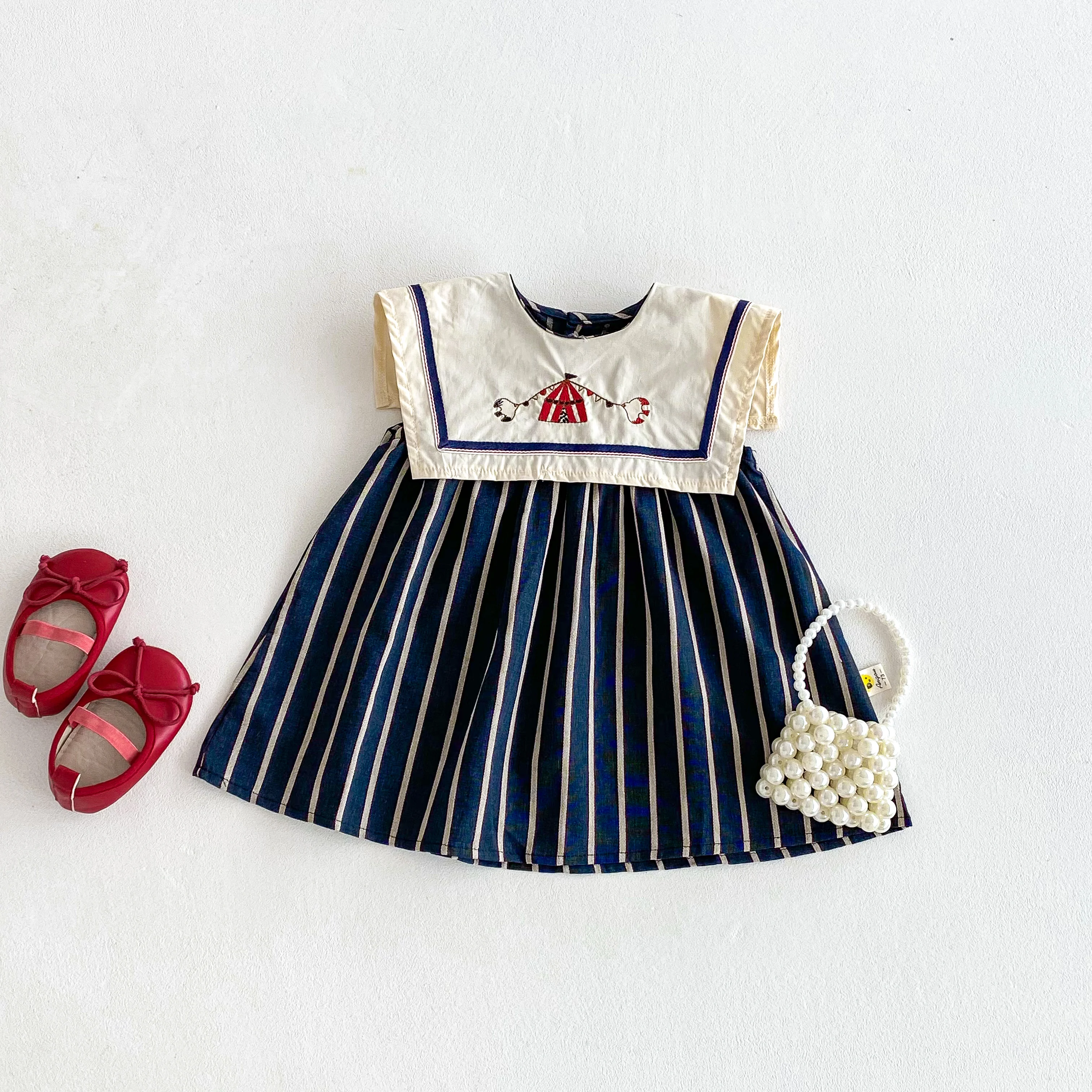 Summer Girls Casual Dress Striped Large Lapel Skirt Sleeveless Embroidered Skirt