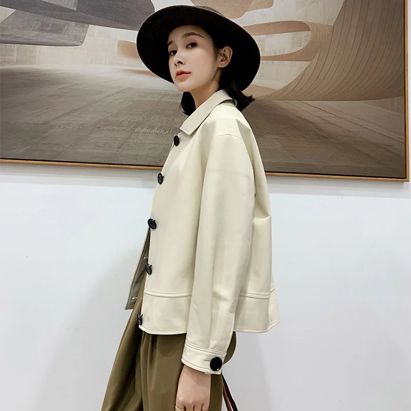 Genuine Fit Korean Slim Leather Jacket Women Casual Spring Autumn 100% Sheepskin Real Leather Short Coat Female White Outwear