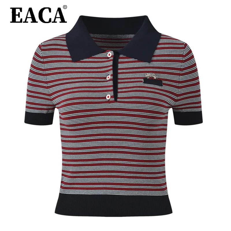 

EACA 2025 Summer New Style Round-neck Shirt With Stripes - Fashionable And Versatile, Slim Fit, Short Sleeve T-Shirt Top