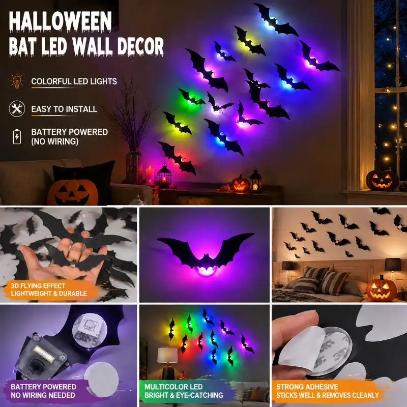 Fun 3D Bat Decor Halloween LED Light Wall Sticker Night Light For Halloween Party Scare Decoration Festive Decor Supplies