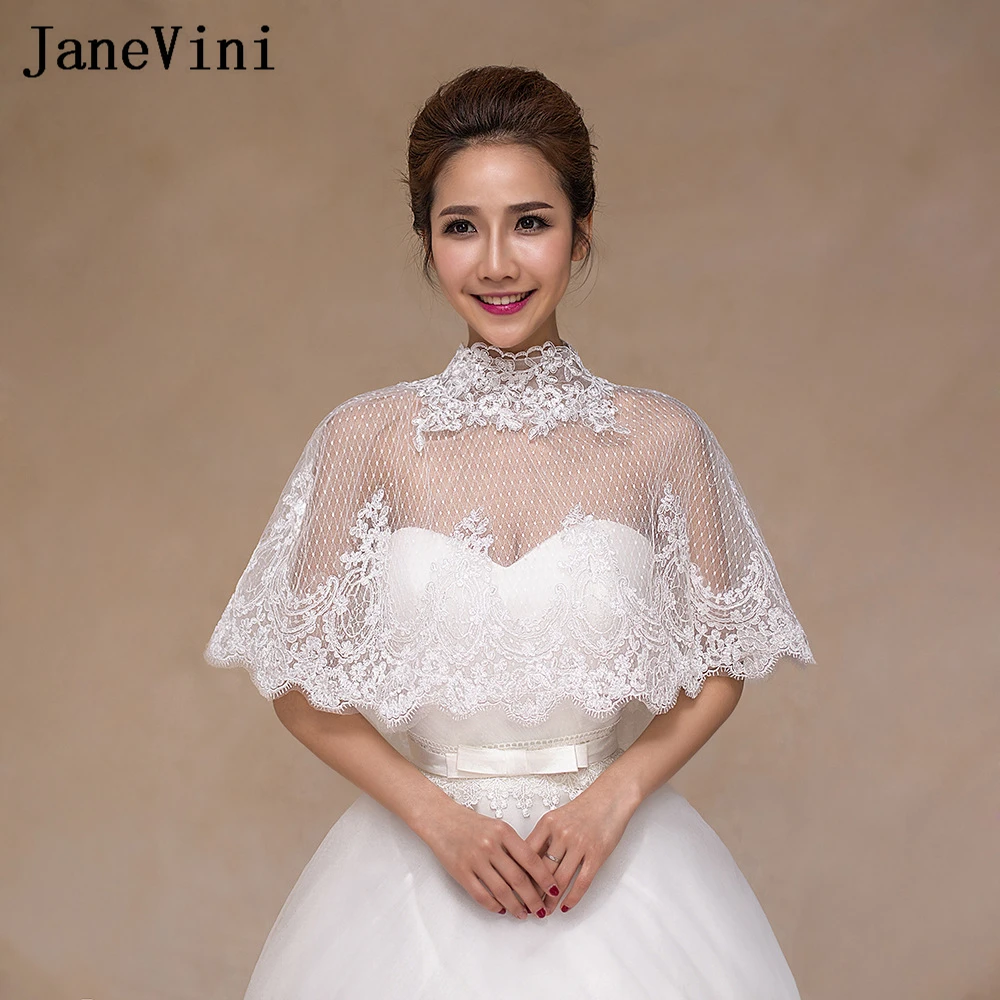 JaneVini Elegant Ivory Lace Wedding Shawl Bride Top Bolero Femme Button Women Bridal Wraps Shrug Jacket Chal De Fiesta Para Boda