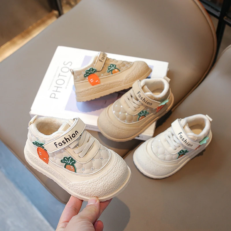 

Winter Kids Causal Cotton Shoes Warm Cute Carrot Girls Plush Shoes Versatile Children's Fashion Flat Shoes Non-slip Hook Loop
