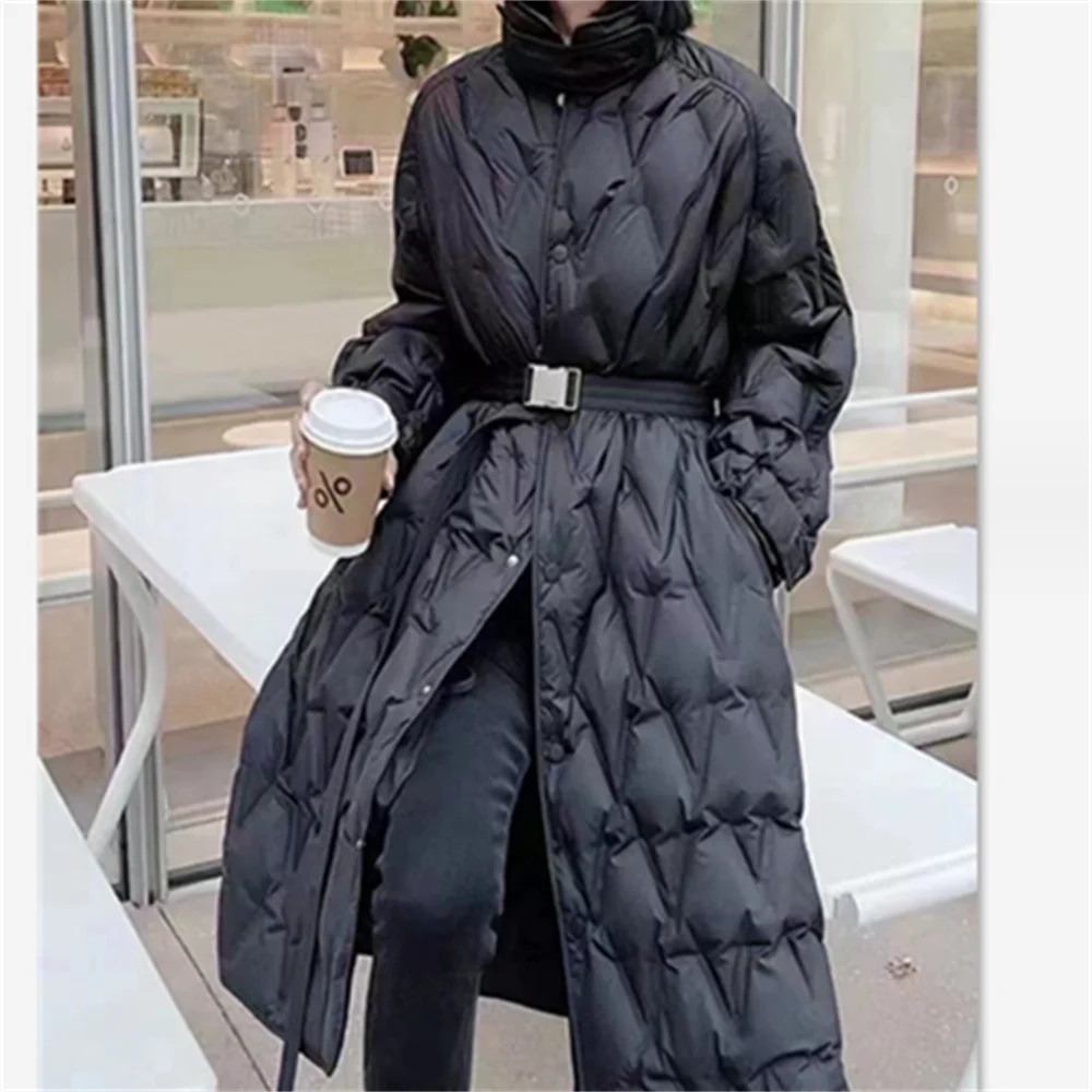

White duck down jacket women's new medium-length above-the-knee fashion belt jacket winter