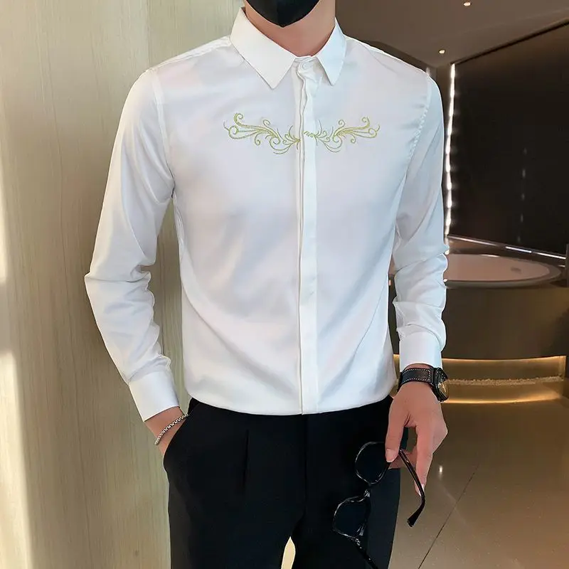 Spring Autumn Fashion Turn-down Collar Long Sleeve Embroidery Solid Color Blouse Men\'s Clothing Button All-match Korean Shirts