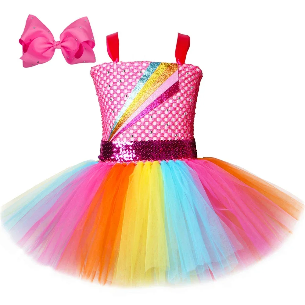 Jojo Siwa Tutu Dress with Hair Bow Rainbow Girls Princess Dress Tulle Kids Tutu Dresses for Girls Holiday Birthday Party Costume