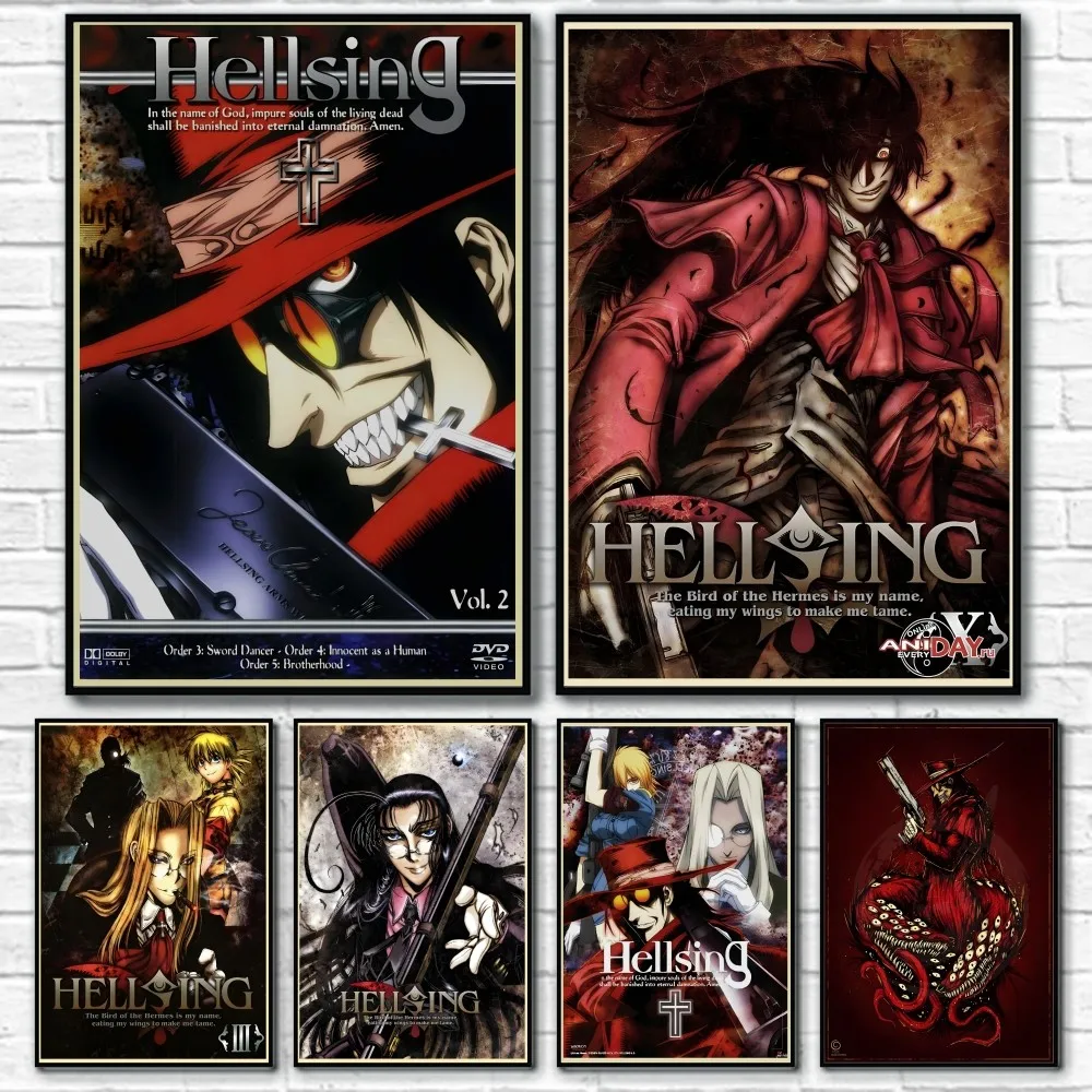 Anime H-Hellsing Japanese Cartoon Cool Retro Poster Sticky Wall Art Printing Waterproof Home Living Bed Room Bar Aesthetic Decor