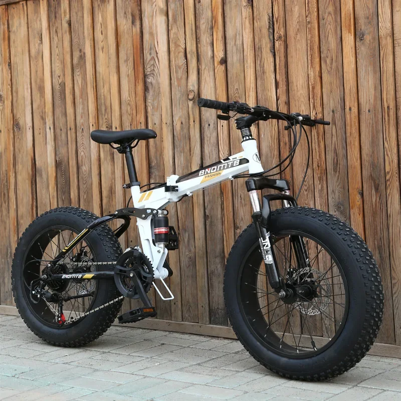 For 20 Inch 21 Speed Beach Snow Disc Brake Folding Soft Tail Mountain Bicycle Widened Tire Fatbike Off Road Bikes