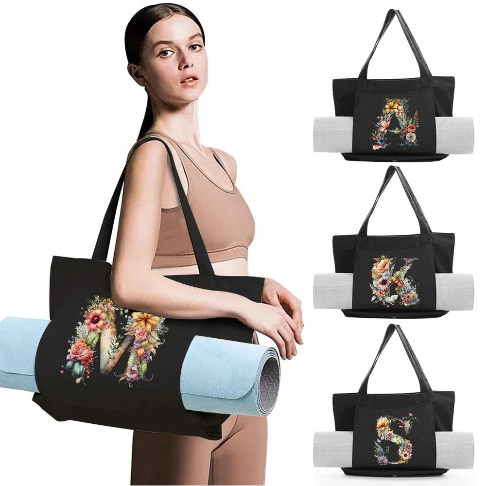 

Gym Fitness Handbags Women's Yoga Mat Tote Bag Pocket Large Capacity Pilates Shoulder Bags Storage Floral Letter Printing Series