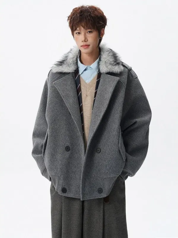 

Осень-зима, мужская шерстяная куртка со съемным меховым воротником, повседневное брендовое пальто с орлом для сидения, горное пальто премиум-класса F...