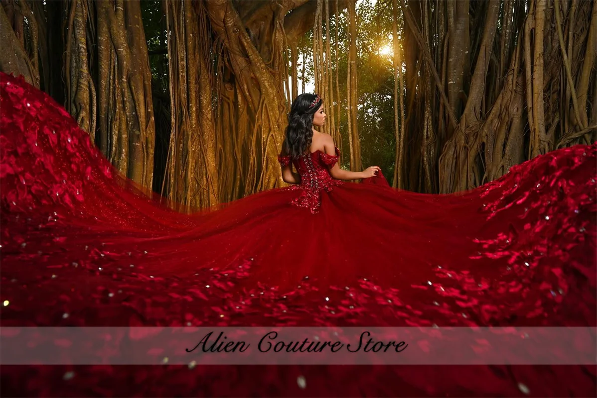 Luxury Red Princess Ball Gown Quinceañera Dresses Beads Flowers Appliques Crystal Birthday Party For 15th Girls Customized image 3