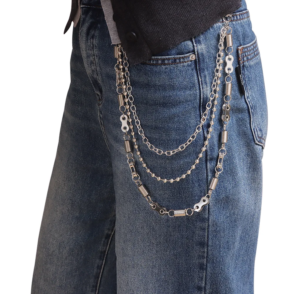 Punk Hip Hop multi-layer Metal Jean Pants Chain for  round bead chain Spring Ring Spliced Street Trouser Fashion Accessory