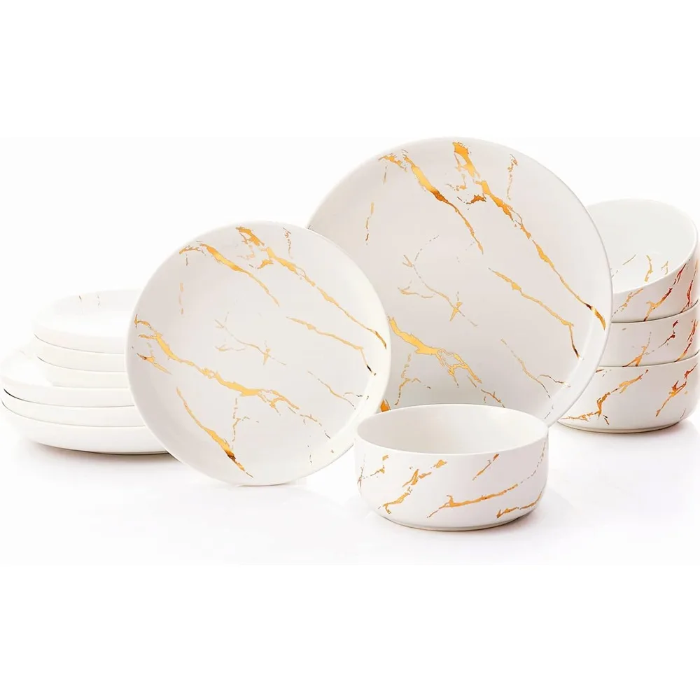 White Gold Splash Dinnerware Sets, 12 Pieces Fine China Marble Plates and Bowls Sets, Modern Porcelain Dish