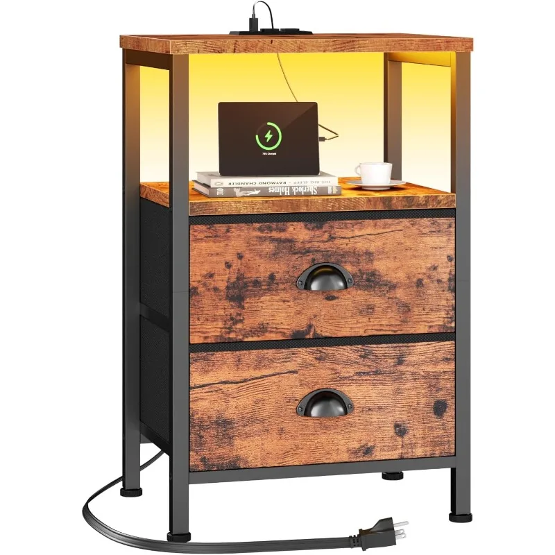 Nightstand with Charging Station, End Table with LED Lights, Bedside Table with USB Ports & Outlets, Night Stands with 2 Drawers