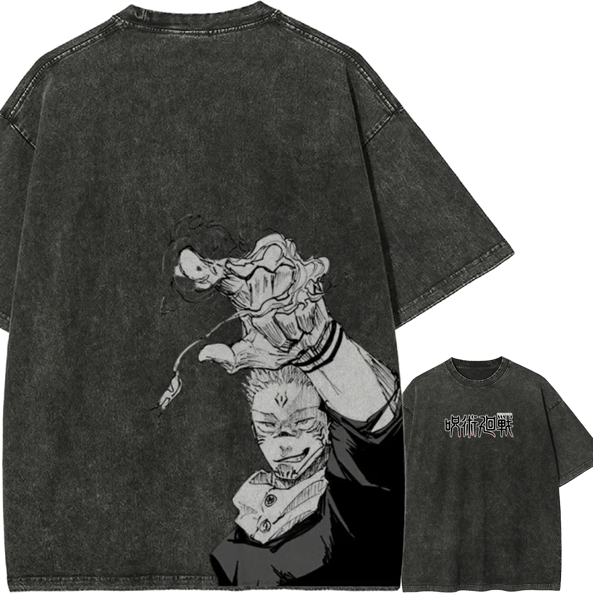 

Jujutsu Kaisen T Shirt Men Acid Wash Ryomen Sukuna Hand Power Manga Sukuna Cursed Energy Portrait Anime Tee