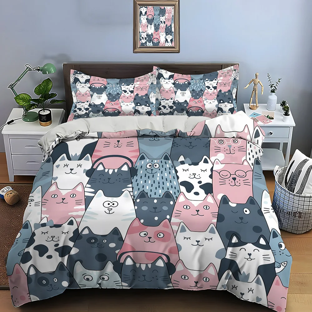 

Cute cartoon cat pattern Bedding Set for Kids Luxury Gift 3pcs Digital Print Comforter Set Soft Comfortable Breathable