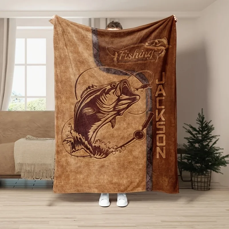 Personalized Fishing Blanket Bass Fish Design Brown Fleece Throw for Men Outdoor Enthusiast Birthday Gift Room Decor Custom Name