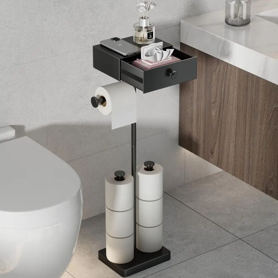 

Toilet Paper Holder Stand with Shelf, Free Standing Black Toilet Paper Roll Holder with Wipes Storage Drawer Heavy Duty Floor Ba