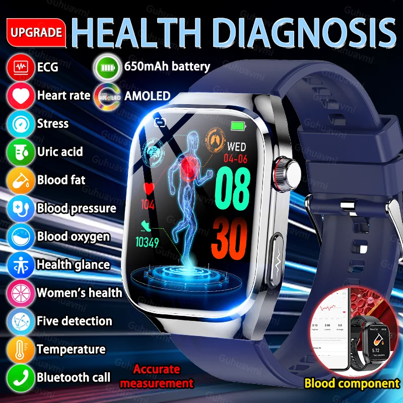

2025NEW ECG Blood Pressure Blood Oxygen Heart Rate Temp Blood Fat Uric Acid Health Diagnosis AMOLED 650mAh 5.3BT Call SmartWatch