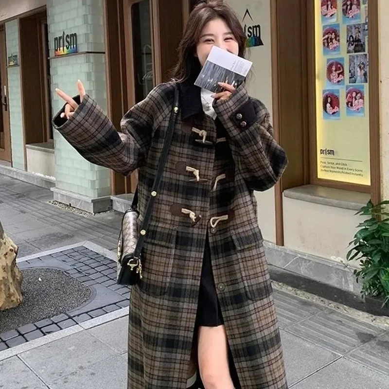 

Vintage Plaid Midi Woolen Coats Women Winter Quilted Elegant Preppy Horn Buttons Outwear French Loose Casual Student Simple Tops