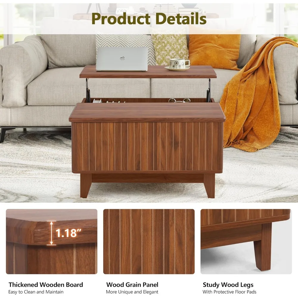 Lift Top Coffee Table, Square Coffee Table with Hidden Storage Compartment, Rustic Farmhouse Center Table w/Multi-Functional Des