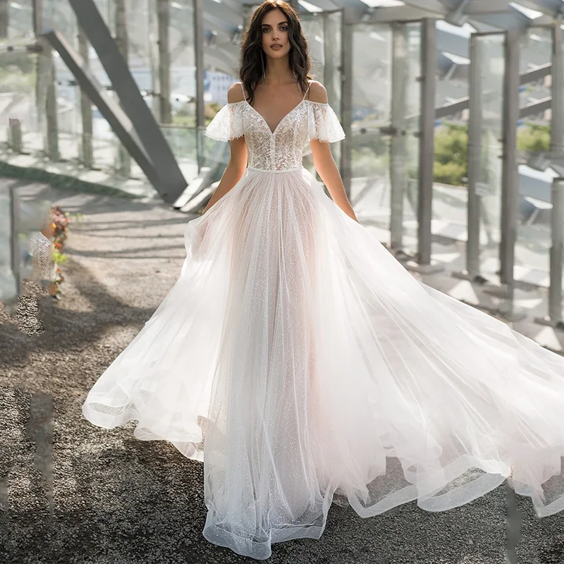 Lace Off Shoulder Women Wedding Dress Spaghetti Strap Deep V-Neck Ball Gown Backless Flutter Sleeve Wedding Gown Newest In Stock