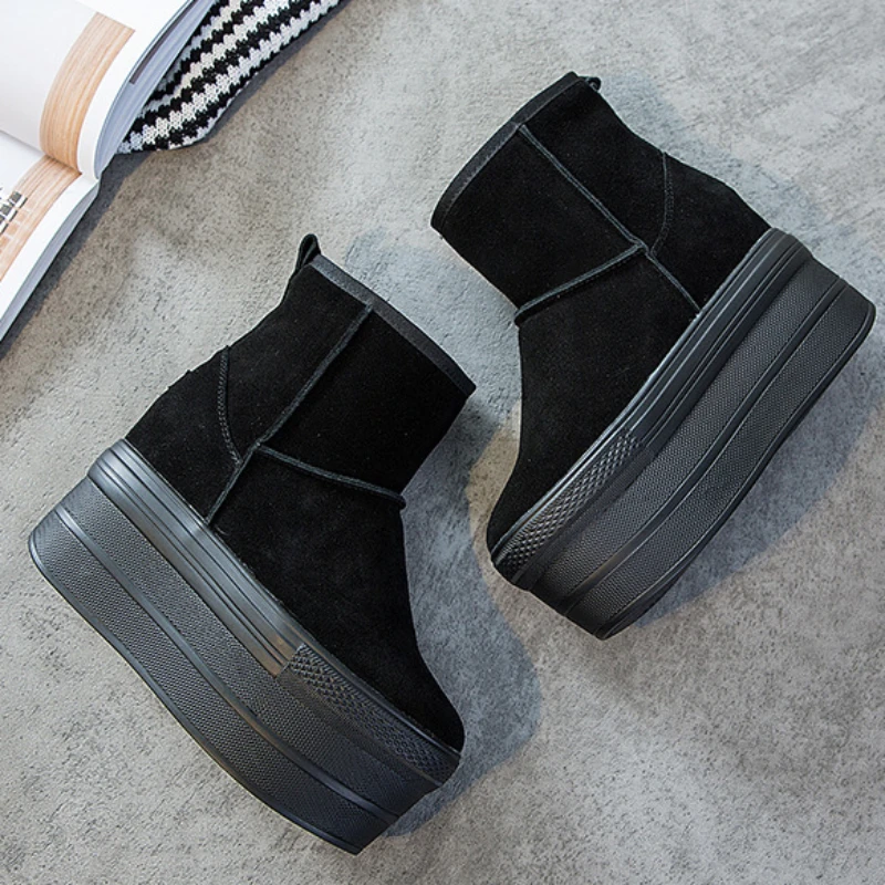 Platform Woman Ankle Boots Thick Heels Winter Suede Round Toe Shoes Wedge High Heels Black Zipper Female Boots for Workers