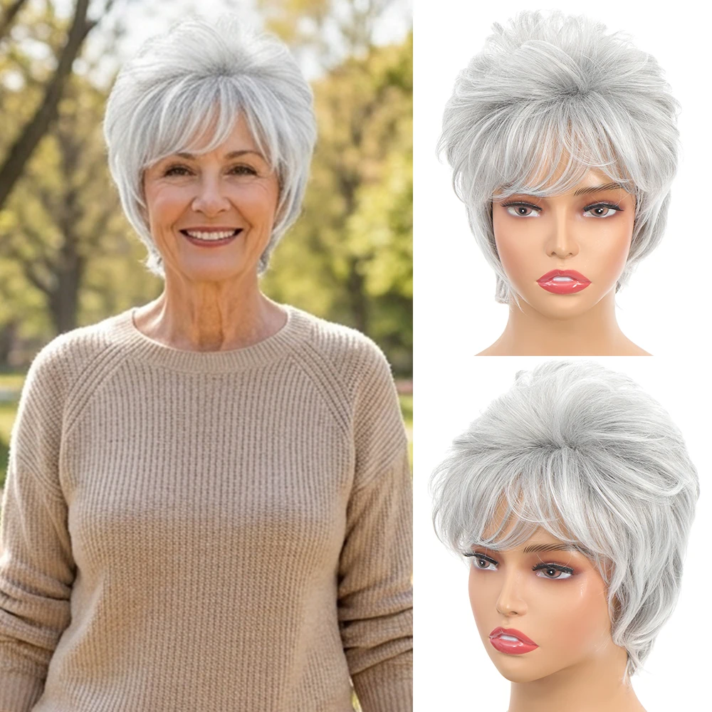 

10 Inch Synthetic Wig Natural Wigs for Women Short Curly Light gray Wig Daily Party Christmas Halloween Wedding Hair