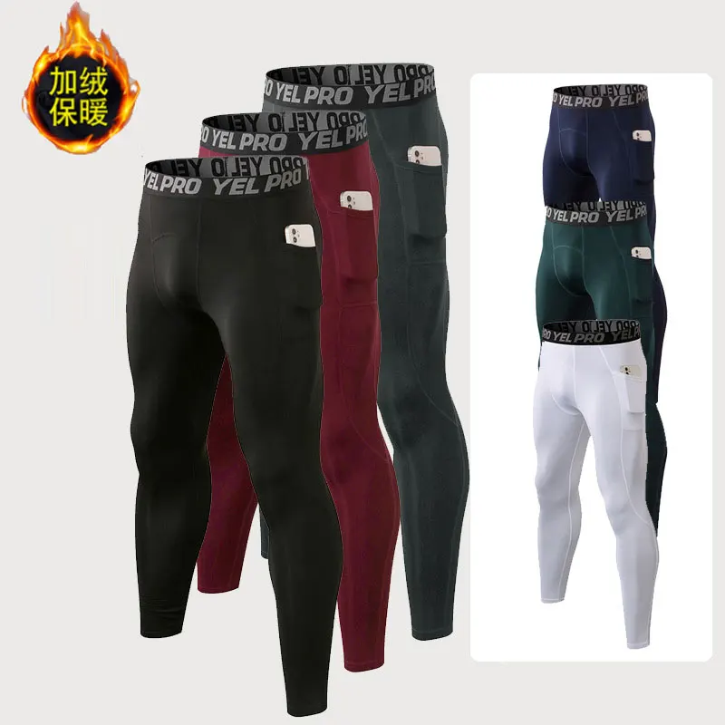 

Men's autumn winter fitness pants with fleece base training pocket PRO tight elastic football track field running sports pants