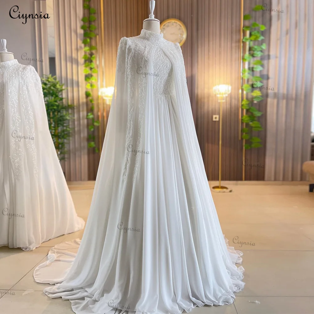 Ciynsia Luxury Long Sleeves Arabic Muslim A-Line Wedding Gowns Beading Chiffon Bride Dress with Cape Vestidos De Novia 2024