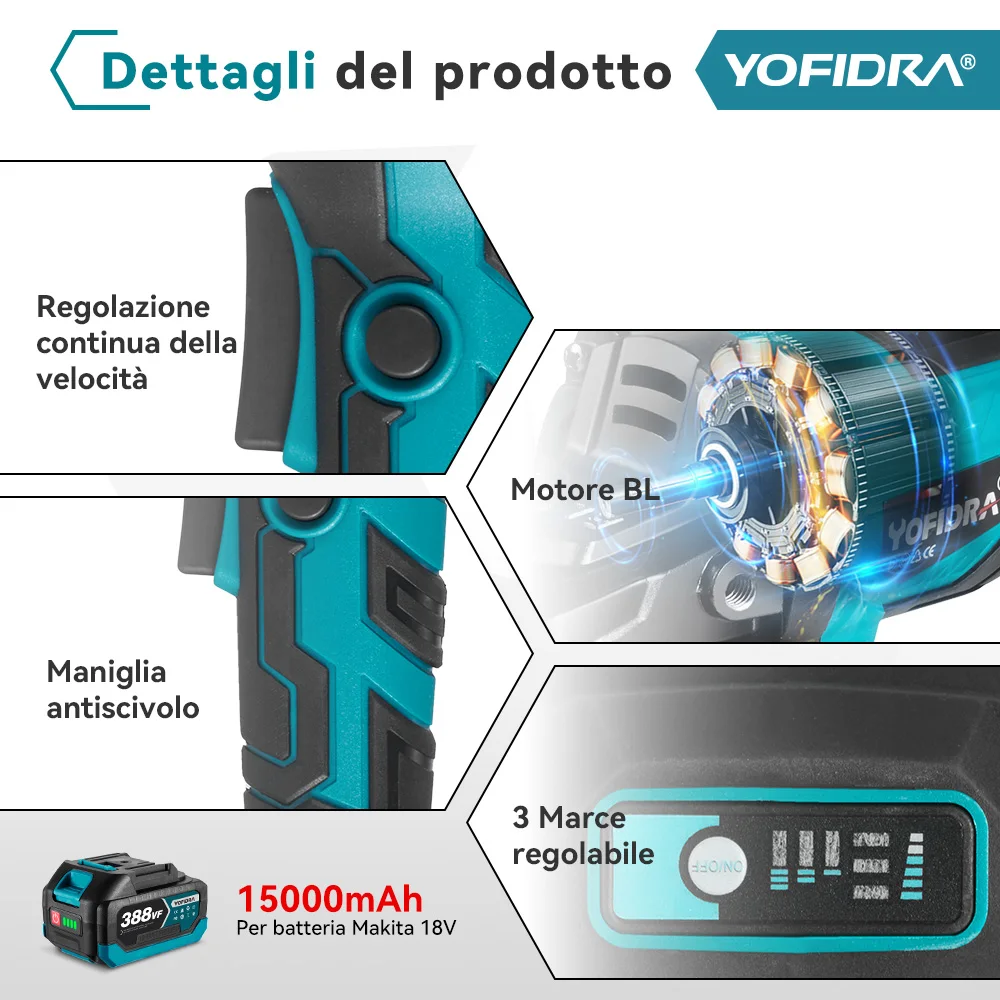 Yofidra 125mm M14 Brushless Angle Grinder 3 Gears Cordless Grinding Machine Cutting Woodworking Tool For Makita Battery Pin