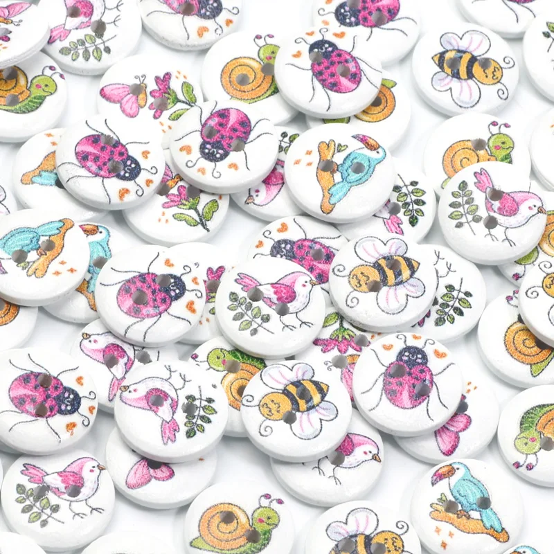 50pcs 15mm Mixed Bird Bee Butterfly Ladybug Buttons Wooden Buttons For Clothes Decorative Crafts Supplies Diy Sewing Accessories