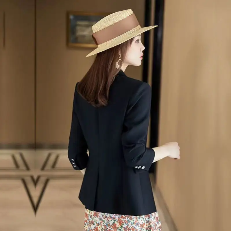 Elegant And Youthful Woman Blazer Summer Streetwears Wrap Beige Khaki Green Gray High Classic Buttons Textured Woolen Stylish