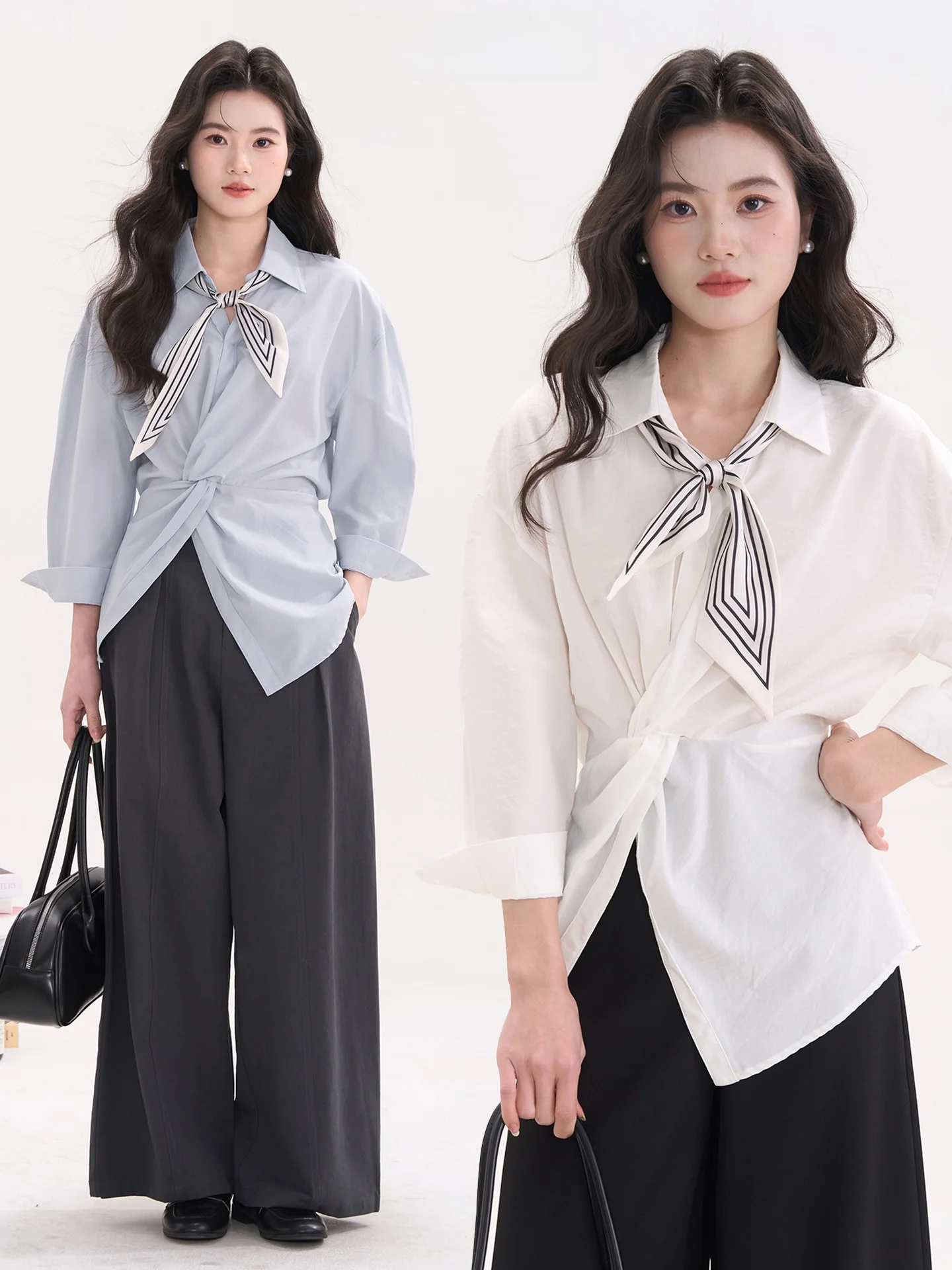 

Ele V-Ne Silk Scarf irt Women's Long Sve Commute Sle Knot Design Slim Fit Korean Version Spring Faion Top