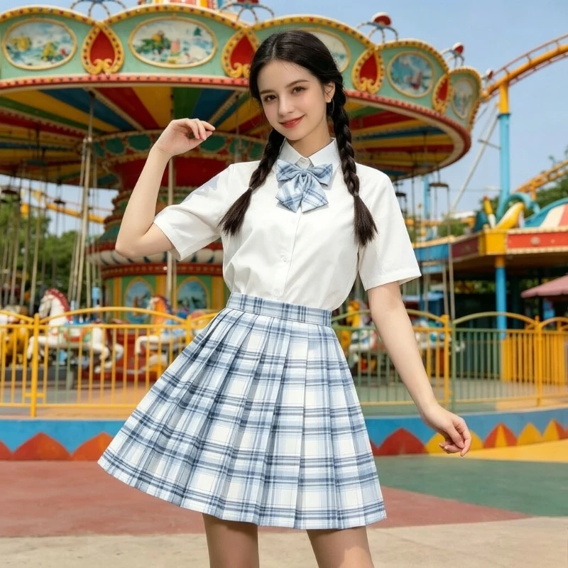 Classic Solid Color Basic Style College Uniform Short Sleeved Shirt Pleated Pleated Short Skirt Campus Daily Commuting Girl