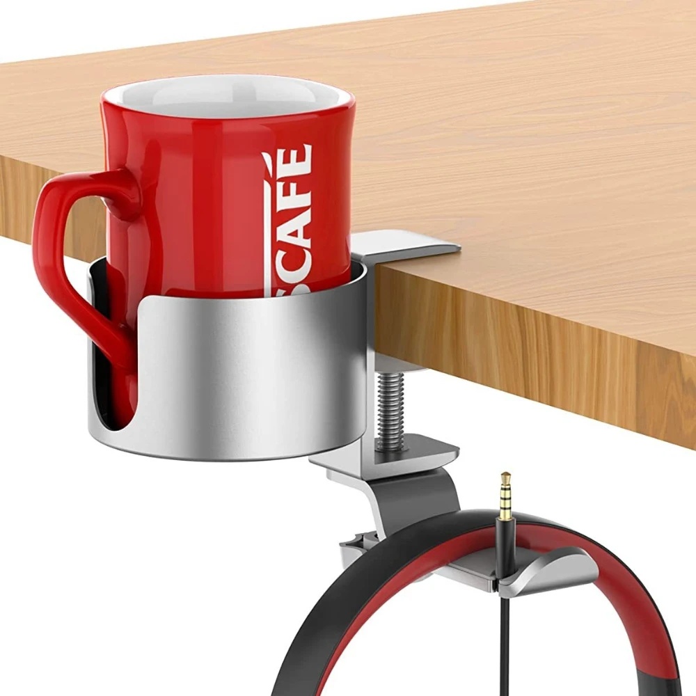 360° Rotating Desk Headphone Holder with Cup Rack Aluminum Clamp Mount No Drill Design for Gaming Office Desk Setup