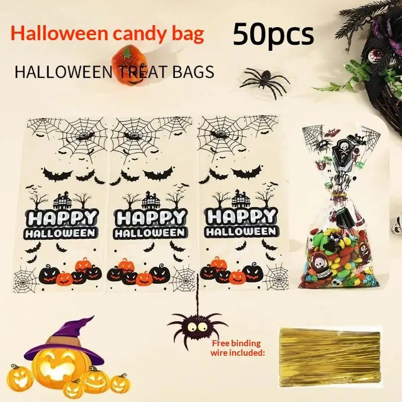 Halloween Treat Storage Bags 50 Pcs Clear Plastic Candy Pouches for Kids Trick or Treat Party Decor Gift Supplies