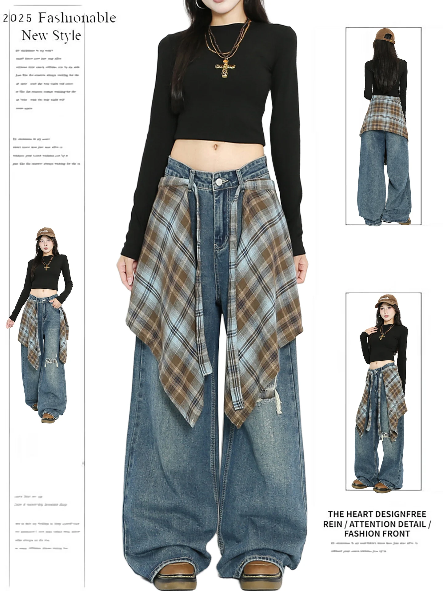 

Retro American Design Detachable High Waist Wide Leg Jeans Women's Autumn Hole Pants Loose Fit Denim Casual Trousers