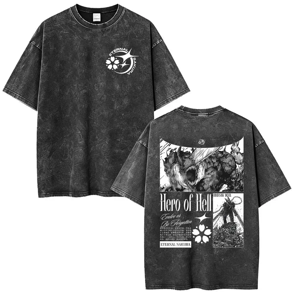 Anime CHAINSAW MAN DEVIL Vintage Washed Graphic T Shirt Men's Street Japan Manga Fashion Short Sleeve T-shirts Unisex Streetwear