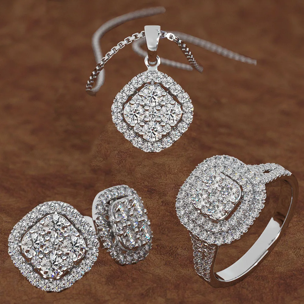 Eight-heart and eight-arrow engagement ring, stud earrings, necklace, three-piece set, wedding dress, decorative jewelry