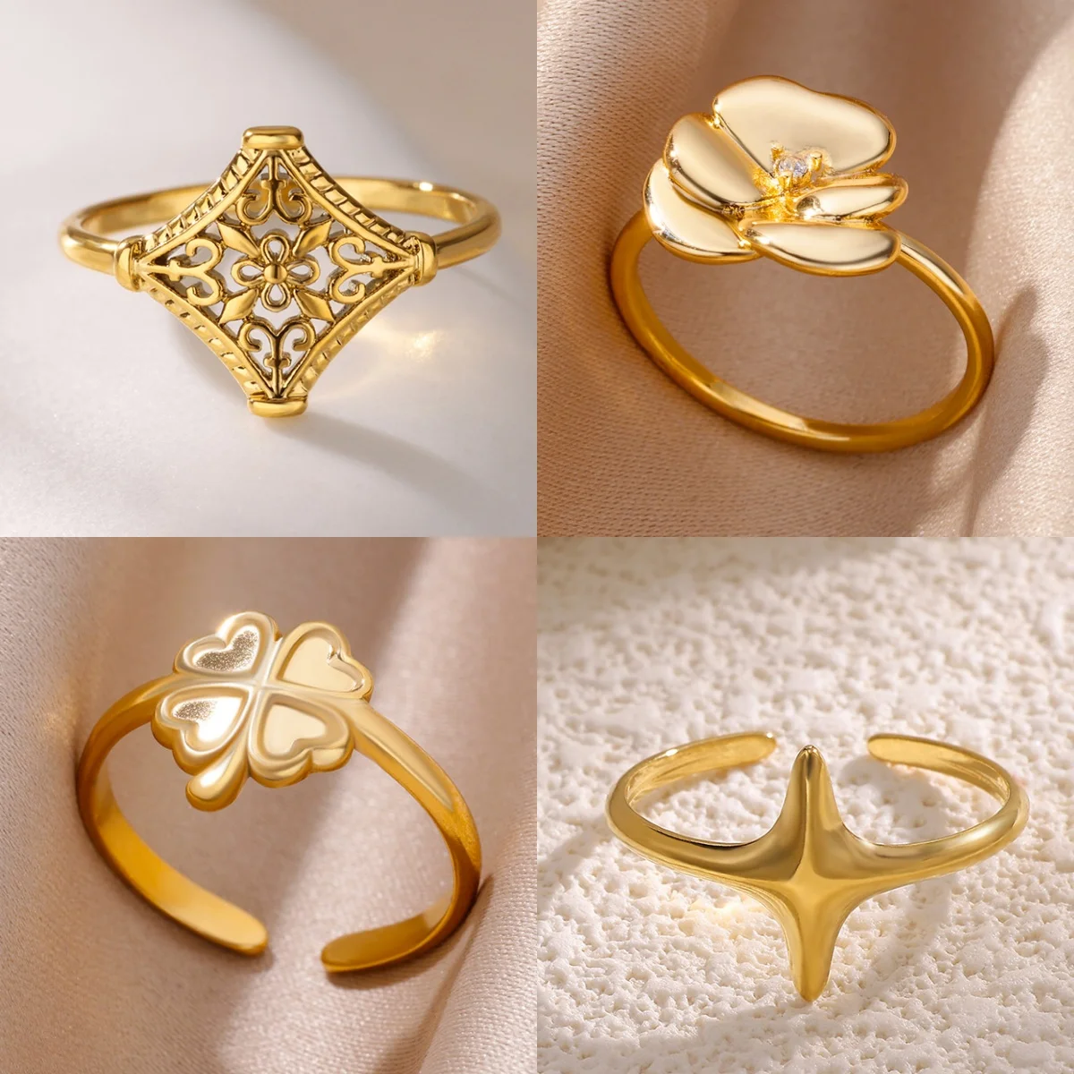 Vintage Four-Leaf Clover Openwork Women's Rings Gold-Plated Stainless Steel Zirconia  Anniversary Jewelry Ring Gift