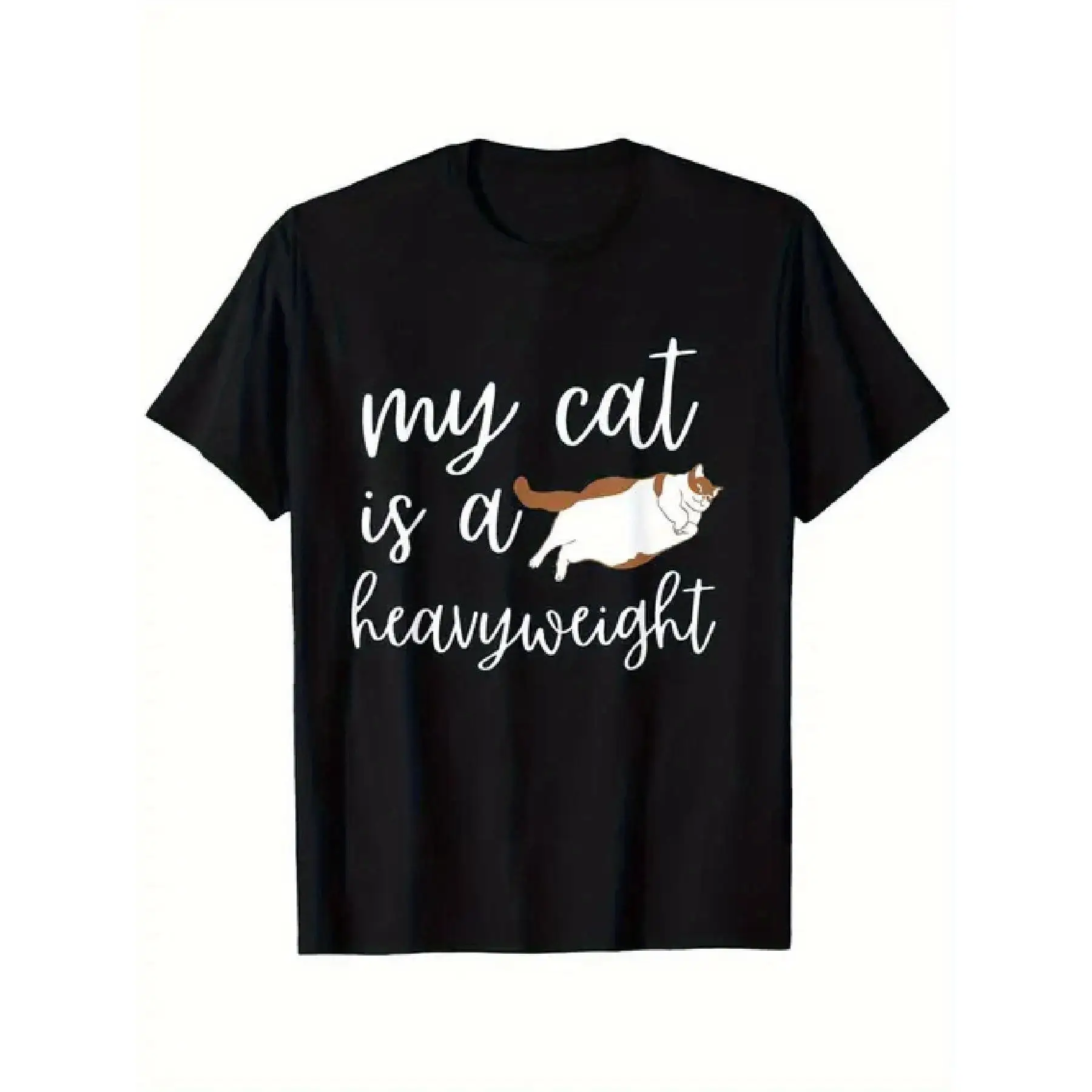 

My Cat Is A Heavyweight T-Shirt, Funny Chubby Cat Graphic Tee, O-Neck Short Sleeve Pet Lover Gift Top