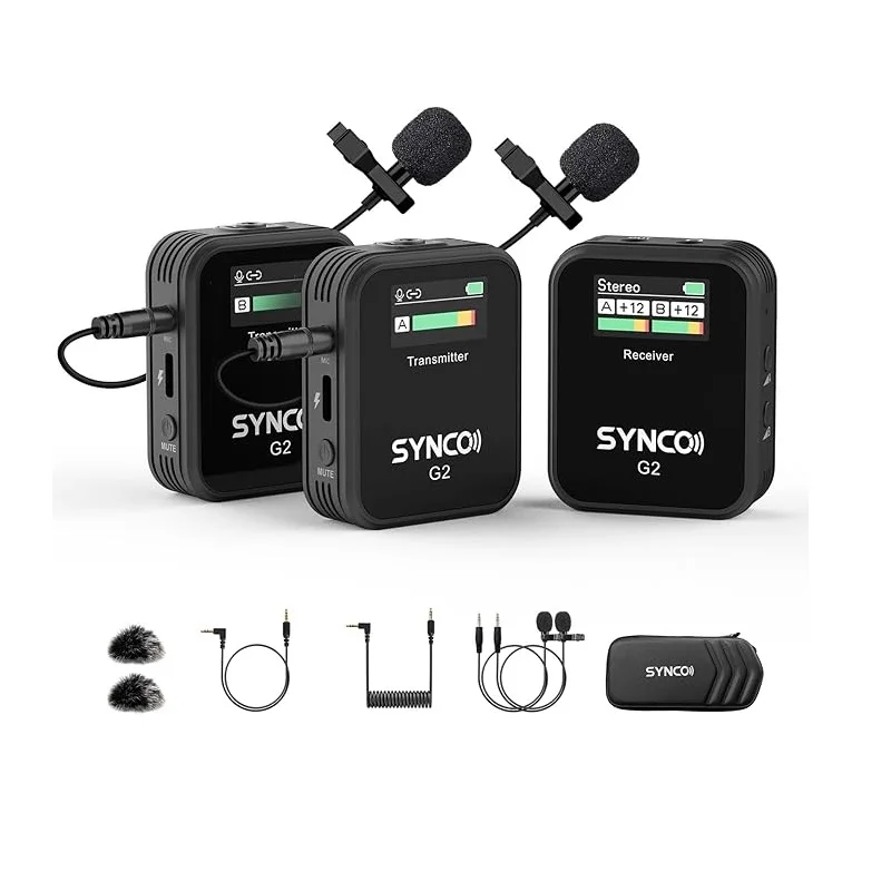 SYNCO Microfono lavalier wireless, G2(A2) 2.4G Doppio trasmettitore 48KHz 24Bit Microfono da bavero 656FT 8H per Vlog di classe online