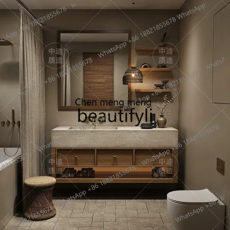 

ss25 B & B, средневековая травертиновая каменная плита, встроенная раковина, унитаз, комбинация шкафа для ванной комнаты