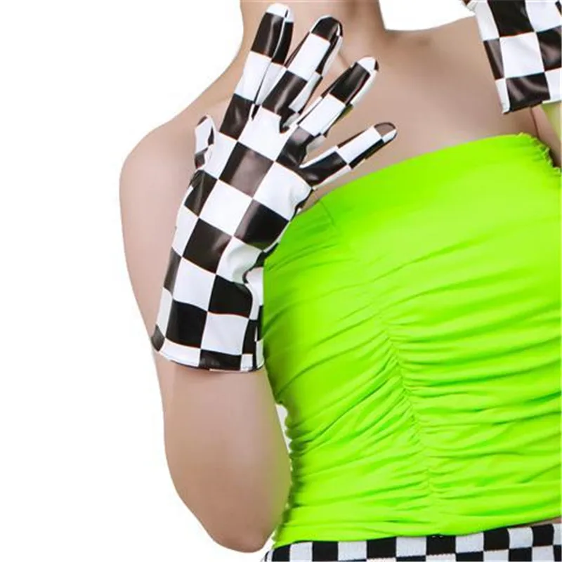 

Patent Leather Gloves Female 28cm Black White Plaid Faux Leather Imitation Sheepskin PU Women Gloves Nightclubs Cosplay