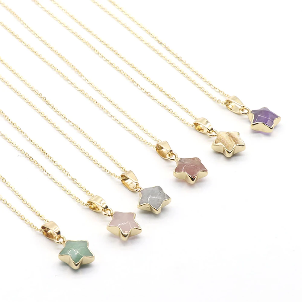 Natural Gemstone Semi-Precious Stones Simple Gilt Five-pointed Star Lapis Lazuli Quartz Pendant Necklace for Women Size 12mm