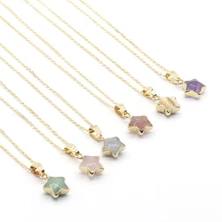 Natural Gemstone Semi-Precious Stones Simple Gilt Five-pointed Star Lapis Lazuli Quartz Pendant Necklace for Women Size 12mm