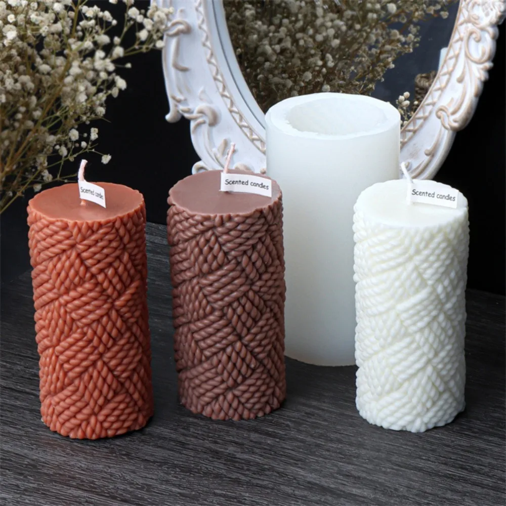 Woolen Yarn Pillar Silicone Candle Moulds Geometry Column Gypsum Mold Relief Square Cylinder Birthday Party Decor Handmade Gifts