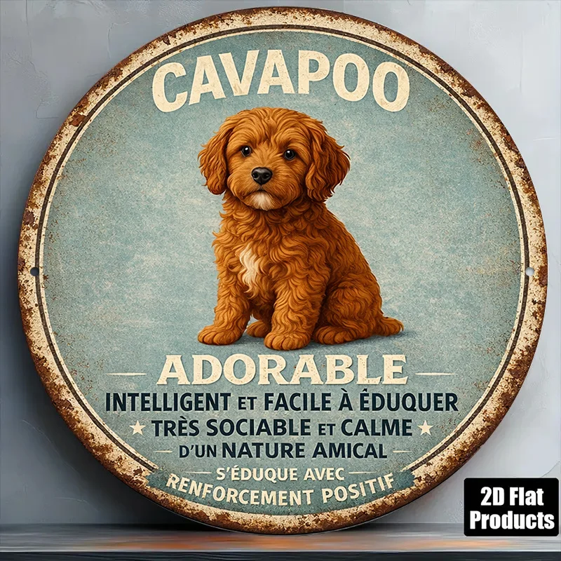Letrero redondo plano 2D, 1 unidad, 8x8 pulgadas/20x20 cm, placa vintage con diseño de perro Cavapoo, lindo letrero decorativo de Cavapoo, adecuado para