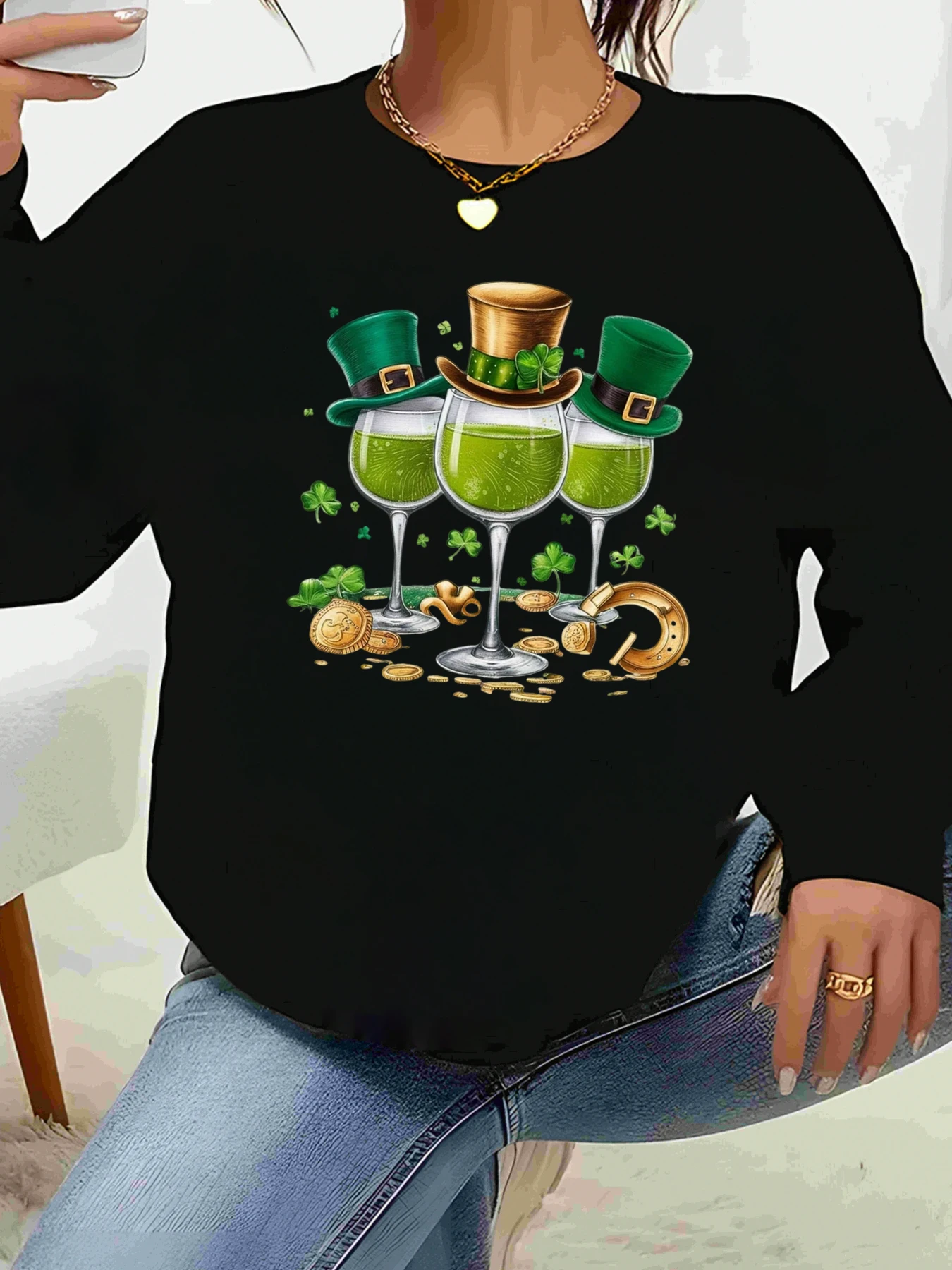 نظارات البيرة الخضراء مع قبعات Leprechaun لعيد القديس باتريك بأكمام طويلة تي شيرت نسائي كاجوال للحفلات #1