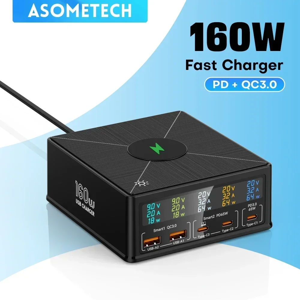 

160W USB Charger Staion 15W Wireless Charger LCD Display USB-C QC3.0 PD 65W Quick Charger For Iphone 14 13 Xiaomi Samsung Laptop